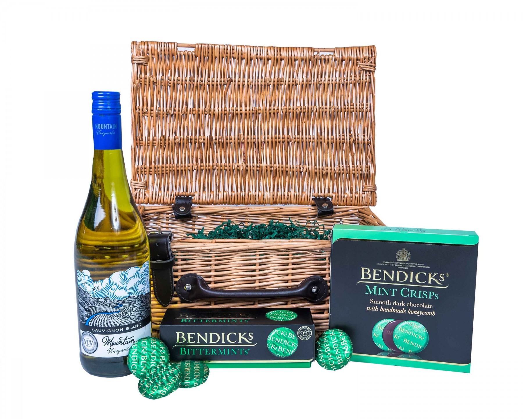 Bendicks and White Wine Wicker Hamper - currently shipping in a wicker tray