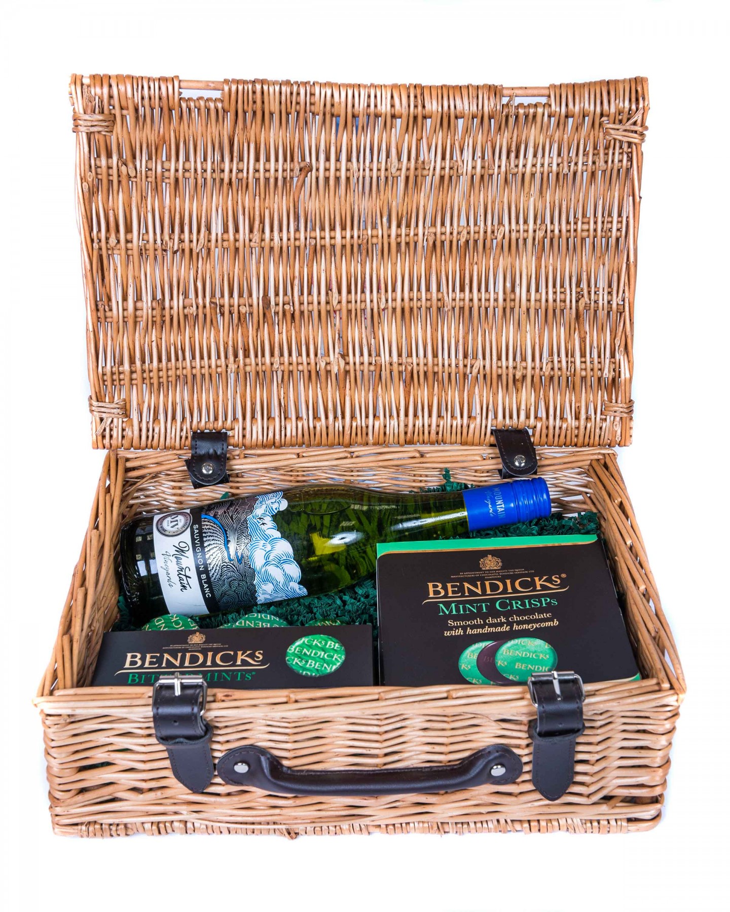 Bendicks and White Wine Wicker Hamper - currently shipping in a wicker tray